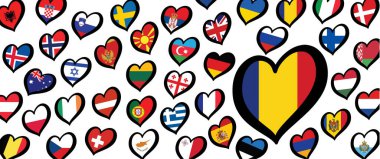 Romanya bayrağı ve kalp bayraklı farklı ülkeler. Avrupa için, Eurovision müzik festivali, yarışma. Hayaller için müzik şarkıları. Vektör Euro TV simgesi deseni. 