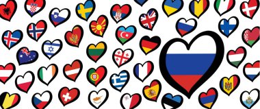 Rus Rusya bayrağı ve kalp amblemi olan farklı ülkeler. Avrupa için, Eurovision müzik festivali, yarışma. Hayaller için müzik şarkıları. Vektör Euro TV simgesi deseni. 