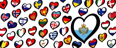San Marino flag and different countries flags with heart flags logo. For Europe, eurovision music song festival, contest. Music songs for vision dreams. Vector euro TV icon pattern. 