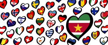 Surinam bayrağı ve kalp bayraklı farklı ülkeler. Avrupa için, Eurovision müzik festivali, yarışma. Hayaller için müzik şarkıları. Vektör Euro TV simgesi deseni. 