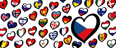Çek bayrağı ve kalp amblemi olan farklı ülkeler. Avrupa için, Eurovision müzik festivali, yarışma. Hayaller için müzik şarkıları. Vektör Euro TV simgesi deseni. 