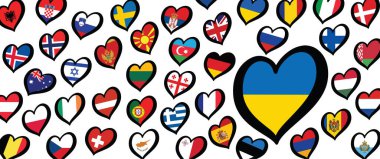 Ukrayna bayrağı ve kalp amblemli farklı ülkeler. Avrupa için, Eurovision müzik festivali, yarışma. Hayaller için müzik şarkıları. Vektör Euro TV simgesi deseni. 