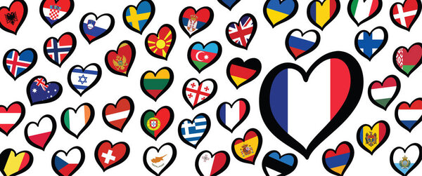 Франция, французский флаг и флаги разных стран с логотипом сердечных флагов. Для Европы, Евровидение музыкальный фестиваль песни, конкурс. Музыкальные песни для мечтаний. Иконка векторного евро. 