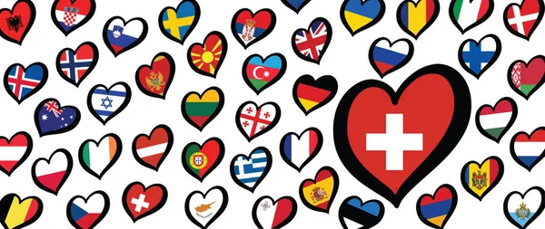 İsviçre bayrağı ve kalp amblemi olan farklı ülkeler. Avrupa için, Eurovision müzik festivali, yarışma. Hayaller için müzik şarkıları. Vektör Euro TV simgesi deseni. 