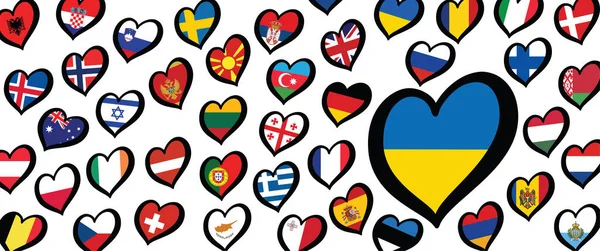 Ukrayna Bayrağı Kalp Amblemli Farklı Ülkeler Avrupa Için Eurovision Müzik — Stok Vektör