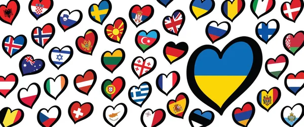 Ukrayna bayrağı ve kalp amblemli farklı ülkeler. Avrupa için, Eurovision müzik festivali, yarışma. Hayaller için müzik şarkıları. Vektör Euro TV simgesi deseni. 