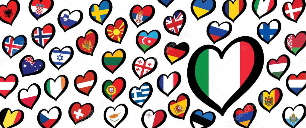 Italy italia italian flag and different countries flags with heart flags logo. For Europe, eurovision music song festival, contest. Music songs for vision dreams. Vector euro icon pattern. Winnar 2021, Torino, torin 2022