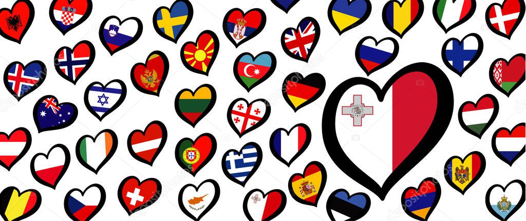 Malta flag and different countries flags with heart flags logo. For Europe, eurovision music song festival, contest. Music songs for vision dreams. Vector euro TV icon pattern. 