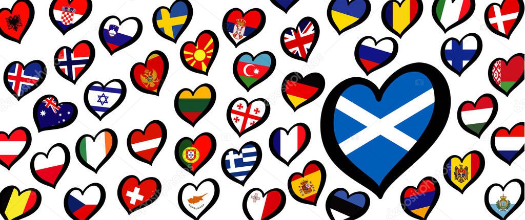 Scotland flag and different countries flags with heart flags logo. For Europe, eurovision music song festival, contest. Music songs for vision dreams. Vector euro TV icon pattern. 