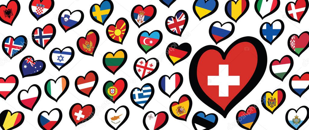 Switzerland Swiss flag and different countries flags with heart flags logo. For Europe, eurovision music song festival, contest. Music songs for vision dreams. Vector euro TV icon pattern. 