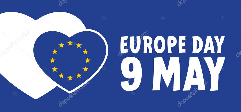 May 9, Europe Day withe love heart. Vector cartoon calendar. May 9, 1950 marks the unification of Europe after the Second World War. the anniversary of the European Union