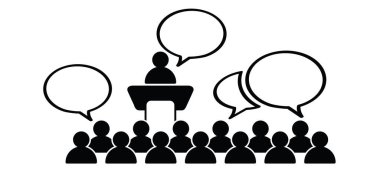 Çizgi film ustası iş adamı ya da sunumla temsil edilen öğretmen. Düşünce balonu ya da konuşma balonu olan bir insan ya da iş adamı. Eğitim sınıfı, toplantı sunumu. öğrencilerin fikri.  