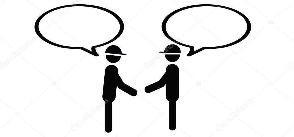 Two cartoon stickman, stick figure man, dialogue, speaking people icon. Talk or chat icon or pictogram. talking, speech bubble symbol