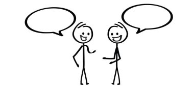 İki karikatür stickman, çöp adam, diyalog, konuşan insan ikonu ya da piktogram. Konuş ya da sohbet ikonu ya da piktogram. Konuşma, konuşma balonu sembolü. Arkadaşlık konuşması. Konuşan insanlar, geri bildirim