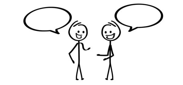 İki karikatür stickman, çöp adam, diyalog, konuşan insan ikonu ya da piktogram. Konuş ya da sohbet ikonu ya da piktogram. Konuşma, konuşma balonu sembolü. Arkadaşlık konuşması. Konuşan insanlar, geri bildirim