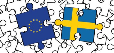 Yapboz parçaları. İsveç Avrupa Birliği 'ne ve Nato' ya hoş geldiniz. İsveç bayrağına katılmak için. Dayanışma, Ukrayna, Rusya çatışması. Saldırganlık, askeri saldırı, savunma. Anlaşma, ticaret anlaşması ve üyelik.