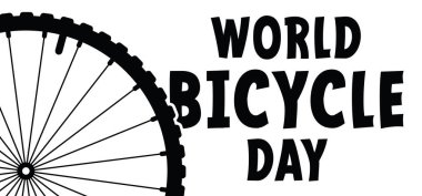 Slgan Dünya Bisiklet Günü. Çizgi filmlerdeki bisiklet izleri. Spor ikonu. Bisikletçi logosu ya da piktogram. Bisiklet veya bisiklet jantları sembolü. Bisiklet simgesi ya da resim. Tur güzergahı, tur logosu. dağ motorcusu.
