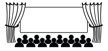 Çizgi film stickman sunumla temsil ediliyor. Tiyatro, festival ya da sinema afişi için perdeli boş sinema sahnesi. Çubuk adam, oditoryum ve pansiyon. Tiyatro, sinema ya da gündüz