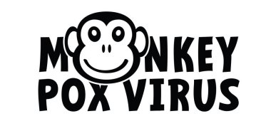 Maymun çiçeği ya da maymun virüsü virüsü, Pictogram ya da logo. Virüs salgını. Hastalık yayıldı, semptomlar ya da önlem ikonu. Maymun kafası ya da yüz logosu. Çizgi film mutlu keşişler ikonu veya pictogram