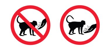 Stop, ddo not feed or touch, pet. No Hand feeds. For monkeypox or monkey pox infection, viral disease pictogram or logo. Infectious virus outbreak pandemic. Disease spread, symptoms or precautions icon. clipart