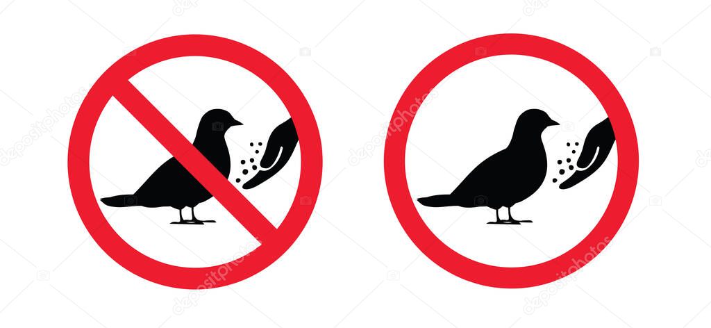 Stop, do not feed dove. No Hand feeds. Animal Forbidden, do not feed the birds on street city. Pigeons warning sign. Vector birds icons. Caution signbaord. Forbid Prohibited pictoram No ban Stop halt allowed area.