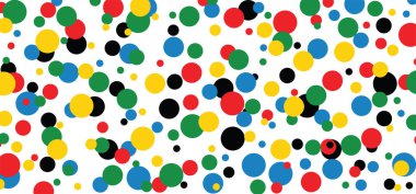 Renkli parti polka nokta deseni Memphis pois tasarımı Kusursuz şekil Vektör kumaş dokusu arka plan pankartı. 70 yıllık eski çizgi film pop sanatı. Çember düğmeleri. Noel xmas