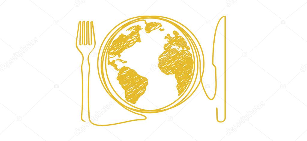 Fork, knife and plate. Word pasta or spaghetti day, Italian food such as: noodles, vermicelli, rotini, fusili, tortellini, linguini, conchiglie, fettucine, penne, capellini. Traditional Italian ddishes. Fast food with world map.