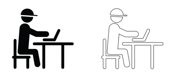 Caricatura Stickman Vara Figura Com Mesa Laptop Pessoas Estão Trabalhando — Vetor de Stock