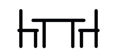 Çizgi film stickman, çöp adam masalar ve sandalyeler. Mobilya ve iç dekorasyonun doğrusal sembolü. İş yemeği, toplantı, iletişim pazarlığı işareti. İş, okul ya da mutfak masası