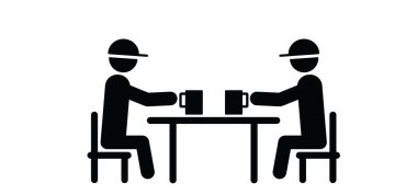 Çizgi film stickman, çöp adam. İnsanlar masada konuşuyorlar ya da ellerinde bardaklarla uyum içinde çalışıyorlar. Okul ya da mutfak masası. İş yemeği. Vektör kantini veya kafeterya, öğle yemeği simgesi. 