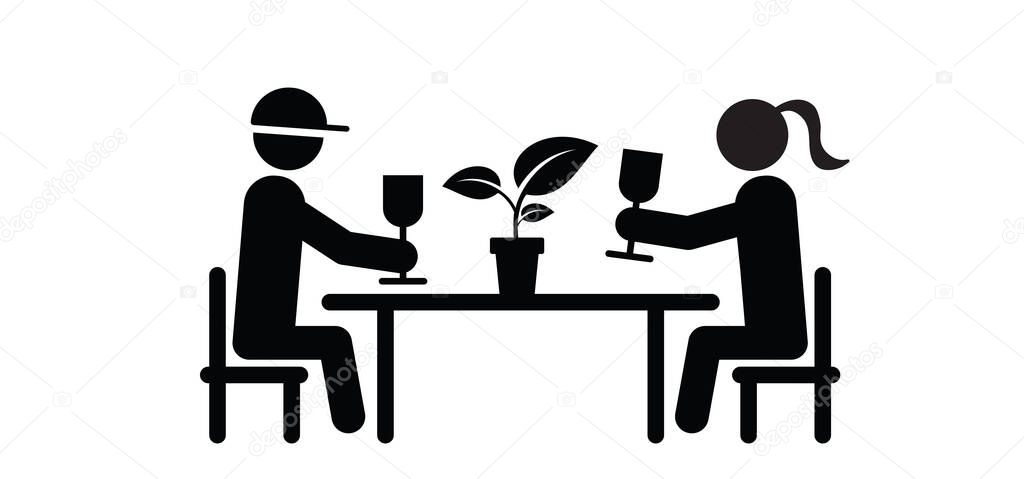 Cartoon stickman, stick figure love couple having a toast and romantic dinner. Two humans people are talking at the table and having drinks showing cheers posture. Kitchen table. Group of friends meeting