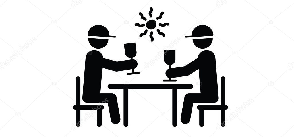Cartoon stickman, stick figure having a toast. Two humans people are talking at the table and having drinks showing cheers posture. Kitchen table.