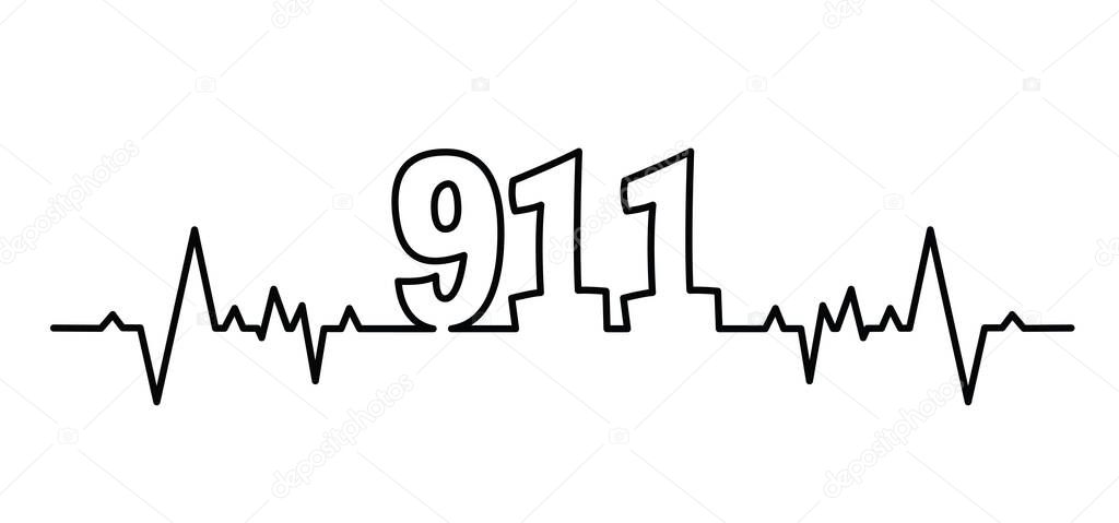 Cartoon heartbeat line pulse. In Case Of Emergency. Call 911. Helpline number Day. SOS symbool Safety first Medical logo Vector icon, symbol. Distress signal. Alarm, help location pincall phone.