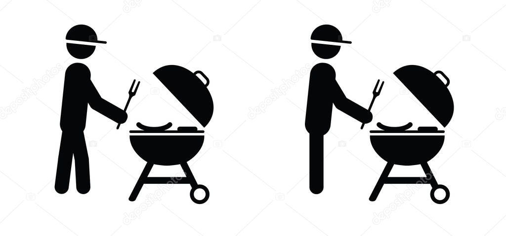 Cartoon Stickman, stick figure man with bbq and sausage, bratwurst and burgers. Vector barbecuing, food icon or pictogram. BBQ Grill tools. Fork and apron. Concept of unhealthy lifestyle. BBQ time and party