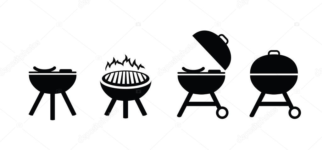 Cartoon bbq and sausage, bratwurst and burgers. Vector barbecuing, food icon or pictogram. BBQ Grill tools symbol. Menu concept of unhealthy lifestyle. BBQ time and party