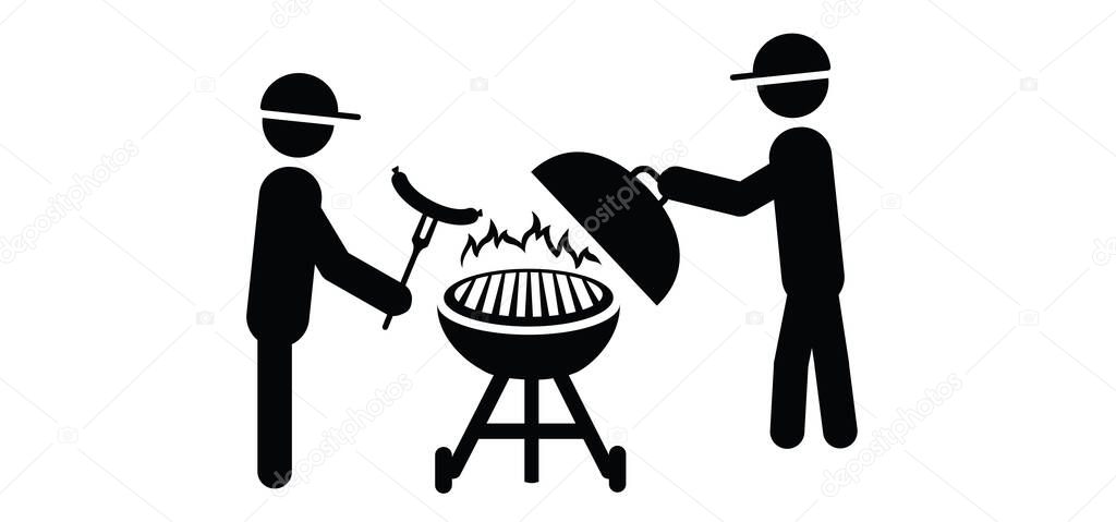 Cartoon stickman, stick figure man with bbq and sausage, bratwurst and burgers. Vector barbecuing, food icon or pictogram. BBQ Grill tools. Fork and apron. Concept of unhealthy lifestyle. BBQ time and party