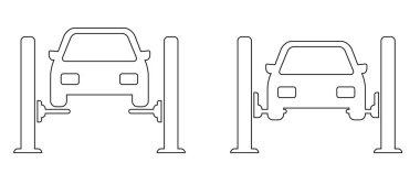 Çizgi film araba kaldırma servisi simgesi veya sembolü. Gazi arabaları, garaj aletleri. Siyah araba kaldırma resmi. Araba servisi ya da araba tamirhanesi. Araba otomatikle çalındı. Çizgi deseni.