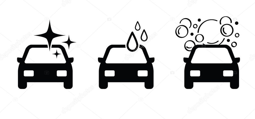 Carwash pictogram or logo. Cartoon Car wash soap, sparkling water, water drops and  bubbles.  Service for polishing, cleaning, waxing the auto. services and equipment of washing the car.