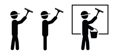 Çizgi film stickman, cam sileceği ya da tetiği olan çöp adam. Pencere temizleme, temizlik ve bakım. Cam sileceği ya da sembolü olan yıkama bardağı. Temizleme veya temizleme araçları.