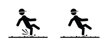 Dikkat et, toprak yol, taş ya da engel olmasın. - Trafik kazası. Stickman, çöp adam, insan Tehe sokağına düşer. Düşen adam yolda. Vektör sembolü veya logosu. Maraton, triatlon