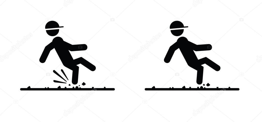Beware, dirt road, stones or obstacles in the way. Traffic accident. stickman, stick figure man, person falls down on tehe street. Falling man on the road. Vector symbol or logo. Marathon, triathlon