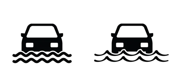 Cartoon drawing, car falls in water icon or symbol. The cars ride to the water. Flood, water wave. Drowned car pictogram. Crash or accident logo
