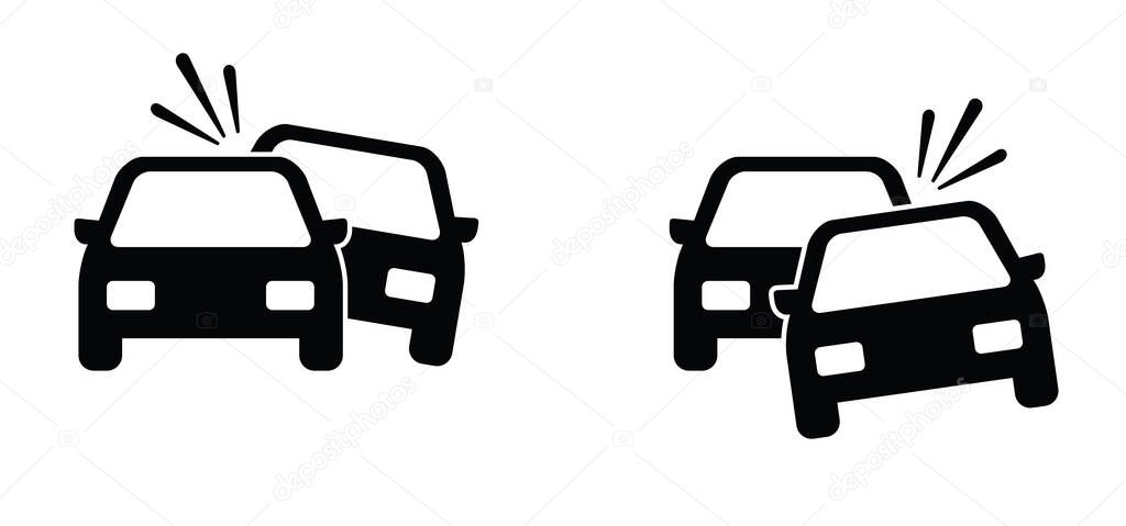 Overturned car or collision of cars pictogram. Cartoon car crash, accident symbol or icon. Road, traffic accident. Crashed cars or service logo.