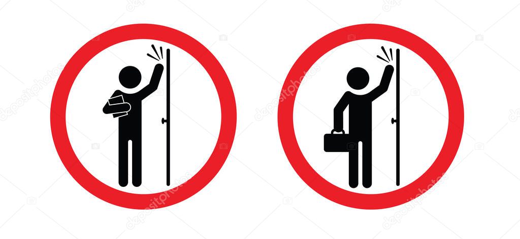 stickman, stick figure man. No sales at the door. No soliciting, faith, creed, or religious sign. Stop, do not knock the door or do not disturb sign. No Salesmen. No sale, shopping or special offer.
