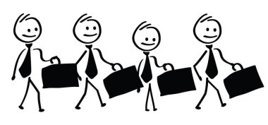 Takım elbiseli, evrak çantalı ya da not defterli bir grup işadamı. Çizgi filmdeki stickman stickman adam takım olarak yürüyor. Vektör çizer, iş adamı.