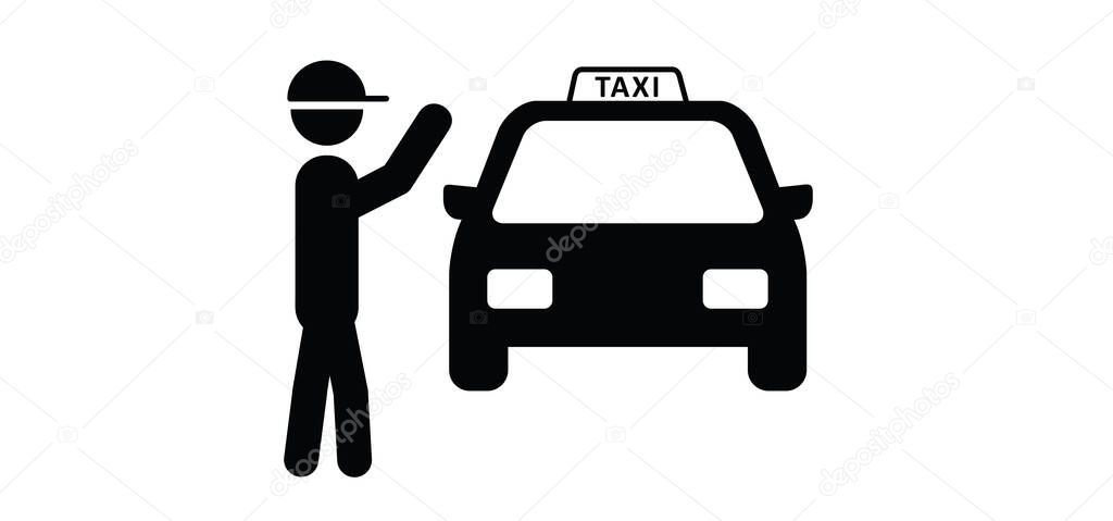 Cartoon passenger waving taxi. Stickman, stick figure wait for a taxi. Waiting for taxis or man hailing taxi
