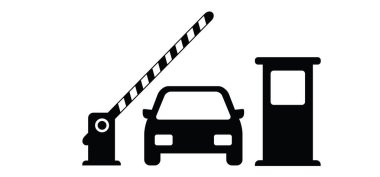 Çizgi film arabasının güvenlik bariyerleri. Bariyerler ya da araba simgesi ile patlama. Park levhası ya da spor salonu. Araba garajın içinde. Vektör logosu. Özel park yeri. Araba kiralama.