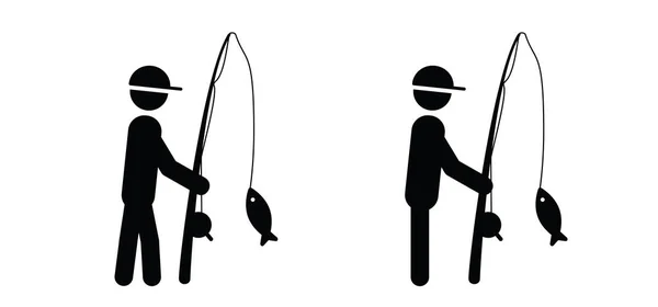 Cartoon Zeichnung Stickman Strichmännchen Mit Gussrute Fischersymbol Fischschnurmuster Fischer Mit — Stockvektor