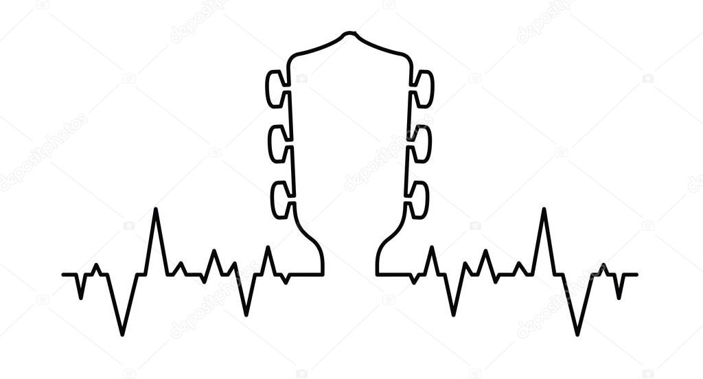 Heartbeat line pulse. Cartoon guitars headstock or or peghead. Rock music guitar necks or head silhouette. Vector icon or logo. Musical, acoustic entertainment. Guitar head symbol. 