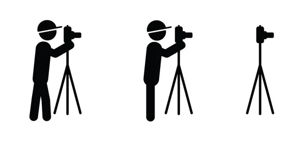 Мультфильм Stickman Палка Фигурка Человек Смотрит Через Фотокамеру Трехногие Камеры — стоковый вектор
